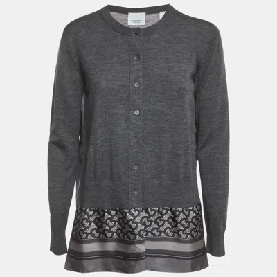Pre-owned Burberry Grey Monogram Print Wool & Silk Scarf Cardigan S In Red