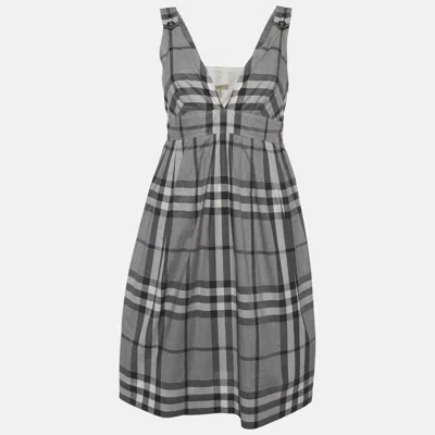 Pre-owned Burberry Grey Plaid Print Cotton Poplin Mini Dress S In Gray