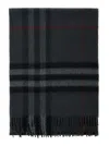 Burberry Grey Rectangular Scarf With Check Motif All-over And Fringed Hem In Cashmere Woman In Black