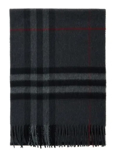 Burberry Grey Rectangular Scarf With Check Motif All-over And Fringed Hem In Cashmere Woman In Black