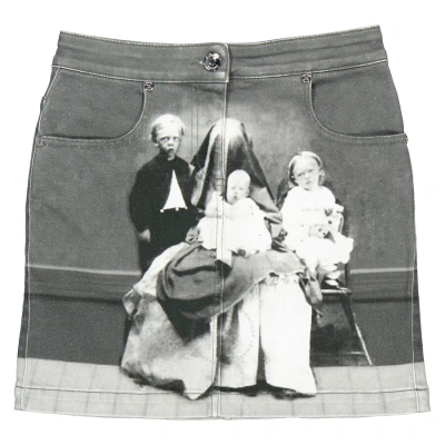 Burberry Grey Stretch Denim Victorian Portrait Print Mini Skirt In Grey Ip Pttn