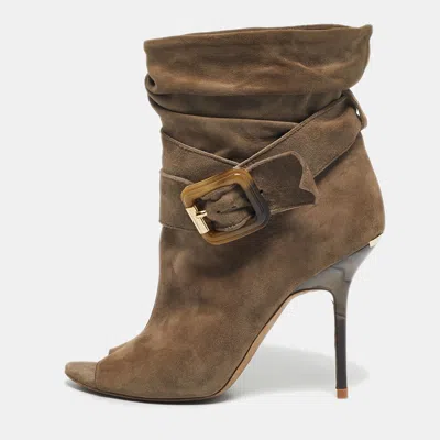 Pre-owned Burberry Grey Suede Trench Open Toe Ankle Length Boots Size 38 In Gray