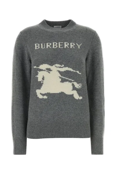 Burberry Graphic Knit Sweater With Ribbed Cuffs And Hem In Gray