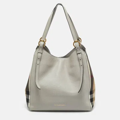 Pre-owned Burberry Grey/beige House Check Canvas And Leather Canterbury Tote In Gray