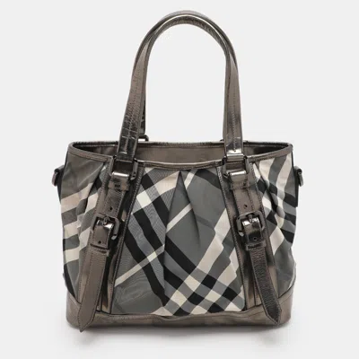 Pre-owned Burberry Grey/black Beat Check Nylon And Patent Leather Lowry Tote