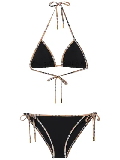 Burberry Halterneck Bikini With Check Detail In Black