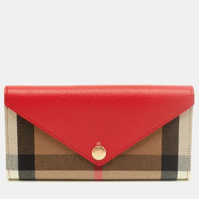 Pre-owned Burberry Halton Red/beige Leather And House Check Canvas Continental Wallet
