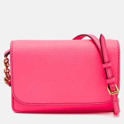 Pre-owned Burberry Hampshire Neon Pink Leather Wallet On Chain