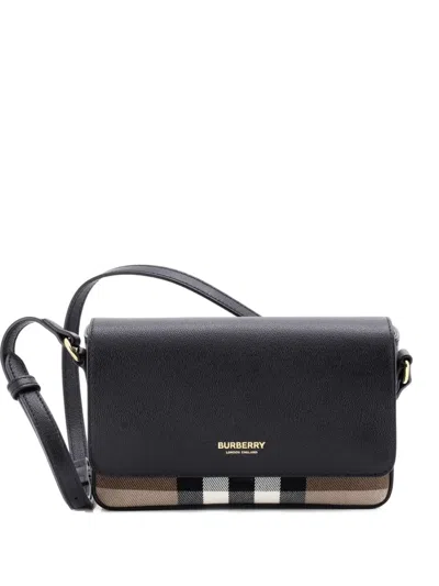 Pre-owned Burberry Hampshire Wallet On Chain Leather And House Check Canvas Crossbody Bag In Black