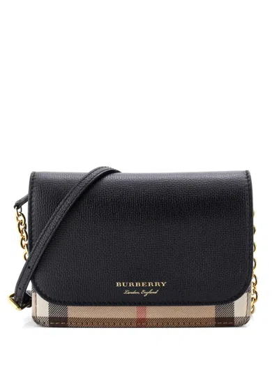 Pre-owned Burberry Hampshire Wallet On Chain Leather And House Check Canvas Crossbody Bag In Black