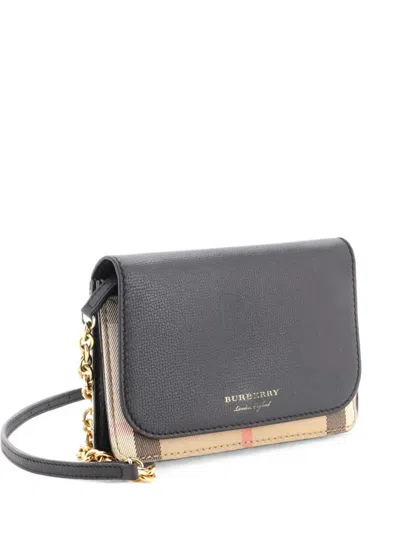 Pre-owned Burberry Hampshire Wallet On Chain Leather And House Check Canvas Crossbody Bag In Black