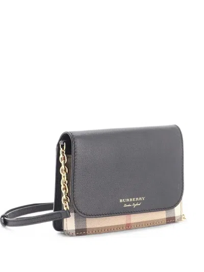 Pre-owned Burberry Hampshire Wallet On Chain Leather And House Check Canvas Crossbody Bag In Black