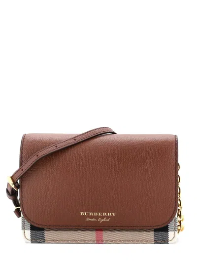 Pre-owned Burberry Hampshire Wallet On Chain Leather And House Check Canvas Crossbody Bag In Brown