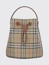 Burberry Check Pattern Canvas Bucket Bag With Top Handle And Leather Trim In Brown