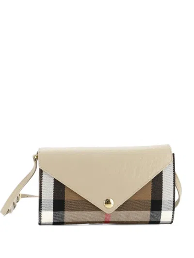Pre-owned Burberry Hannah Envelope Wallet On Strap Leather And House Check Canvas Crossbody Bag In Neutral