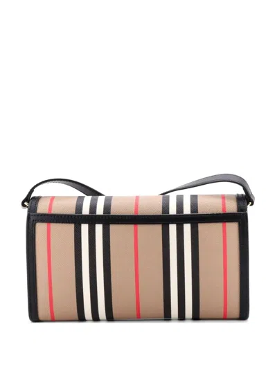 Pre-owned Burberry Hannah Wallet On Strap Icon Stripe E-canvas Crossbody Bag In Black