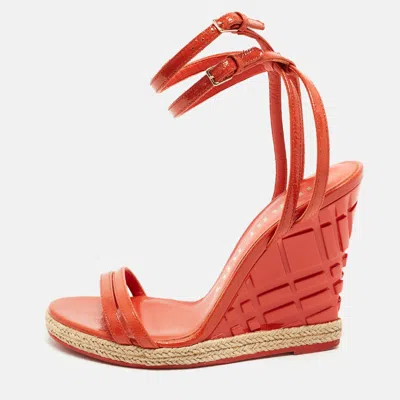 Pre-owned Burberry Hassendean Size 37.5 Orange Patent Leather Criss Cross Wedge Ankle Strap Sandals