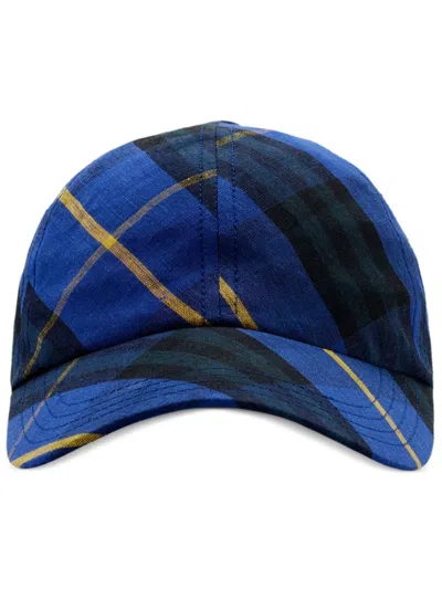 Burberry Check Linen Baseball Cap In Blue