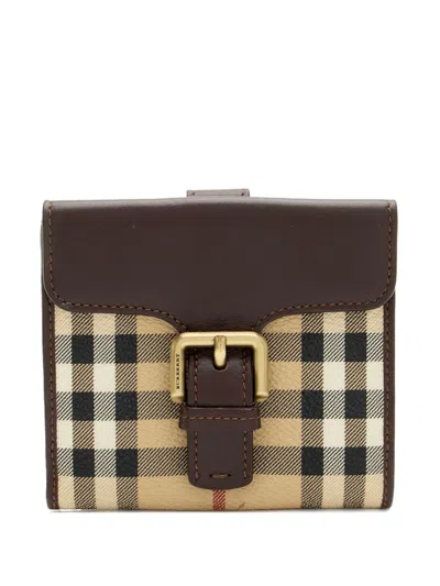 Pre-owned Burberry Haymarket Check Buckle Wallet In Neutral