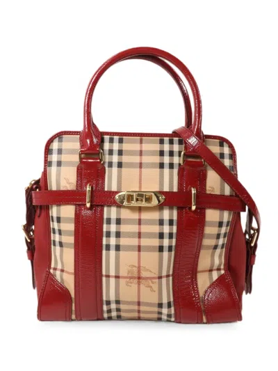 Pre-owned Burberry Haymarket Check Minford Tote Bag In Red