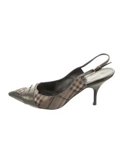 Pre-owned Burberry Haymarket Check Pattern Leather Slingback Pumps In Green