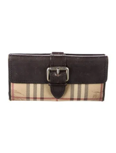 Pre-owned Burberry Haymarket Check Pattern Plaid Print Continental Wallet In Brown