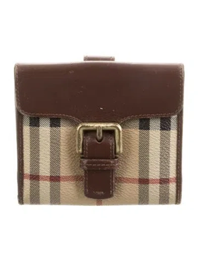 Pre-owned Burberry Haymarket Check Pattern Printed Compact Wallet In Brown