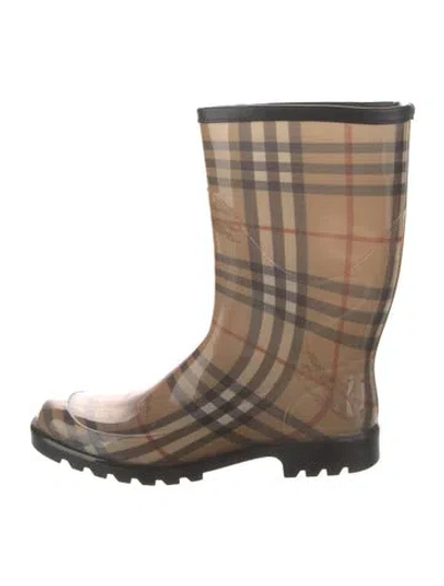 Pre-owned Burberry Haymarket Check Pattern Rubber Rain Boots In Brown