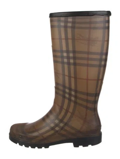 Pre-owned Burberry Haymarket Check Pattern Rubber Rain Boots In Brown