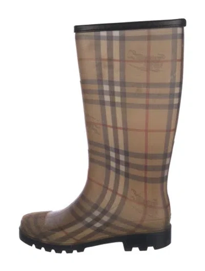 Pre-owned Burberry Haymarket Check Pattern Rubber Rain Boots In Brown