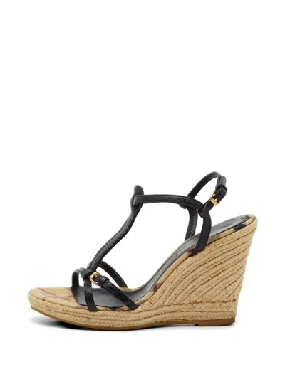 Pre-owned Burberry Haymarket Check Wedge Espadrilles In Black