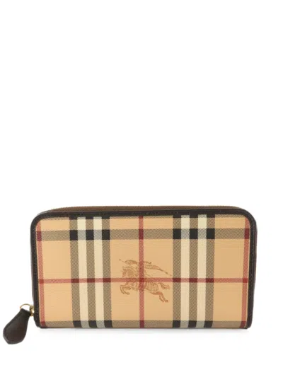Pre-owned Burberry Haymarket Check Zip-around Wallet In Neutrals