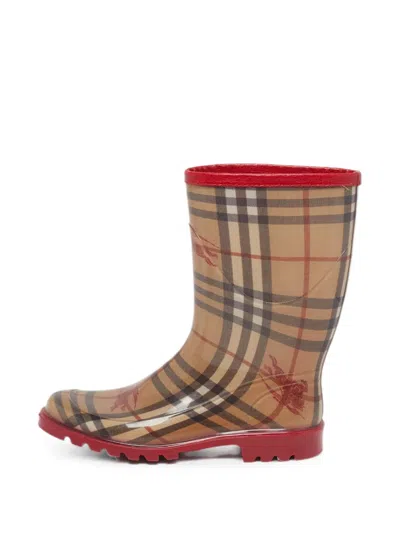 Pre-owned Burberry Haymarket Equestrian Knight Rain Boots In White