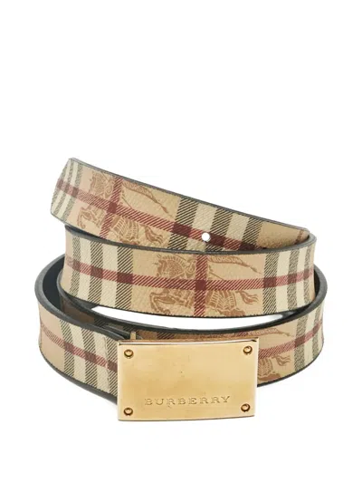 Pre-owned Burberry Haymarket Logo-plaque Belt In Neutral