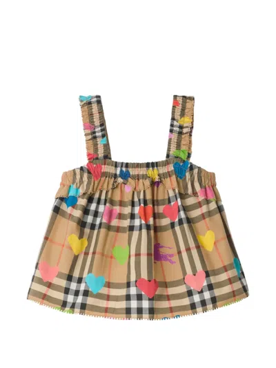 Burberry Babies' Heart Check Cotton Top In Brown