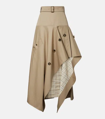 Burberry Heather Belted Asymmetric Cotton-gabardine Midi Skirt In Neutral