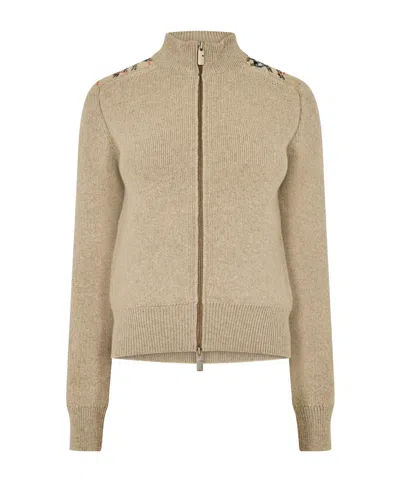 Burberry Heather Beige Ribbed Knit Zip-up Cardigan In Neutral