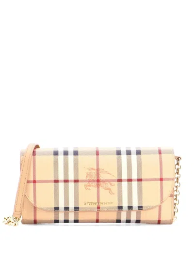 Pre-owned Burberry Henley Wallet On Chain Haymarket Coated Canvas Crossbody Bag In Brown
