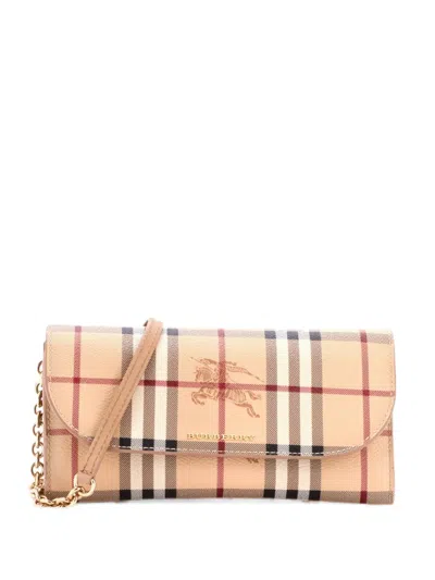 Pre-owned Burberry Henley Wallet On Chain Haymarket Coated Canvas Crossbody Bag In Brown