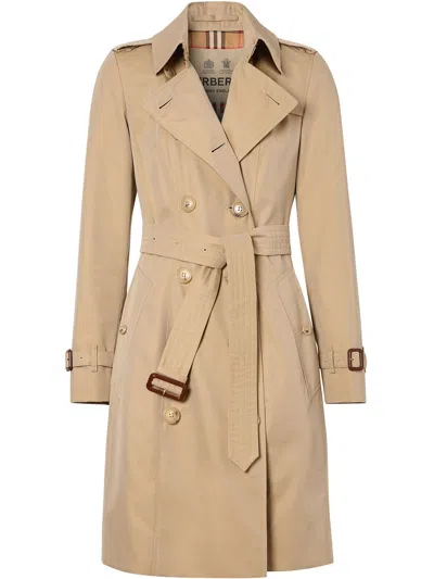 Burberry Heritage Mid-length Trench Jacket For Women In Honey Cotton And Leather In Beige