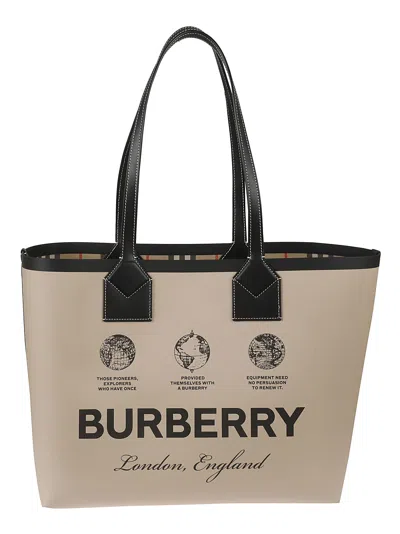 Burberry London Small Cotton And Leather Tote Bag In Beige