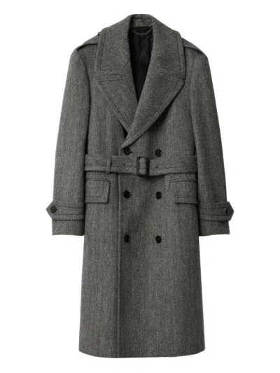 Burberry Herringbone-pattern Belted Wool Trench Coat In Gray