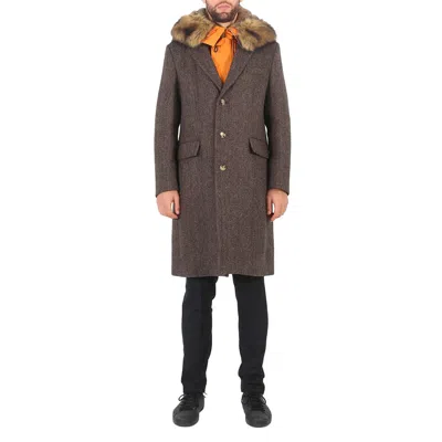 Pre-owned Burberry Herringbone Wool Tailored Single-breasted Coat With Detachable Hood, In Brown