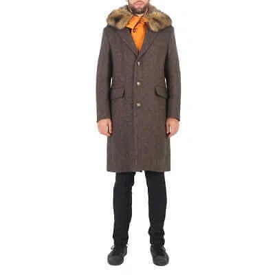 Pre-owned Burberry Herringbone Wool Tailored Single-breasted Coat With Detachable Hood, In Brown