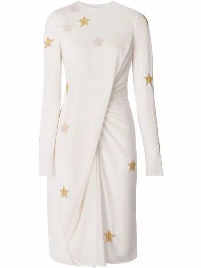 Burberry High Neck Long Sleeve Silk Dress With Gold Stars In Cream