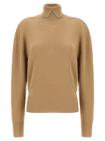 Burberry High-neck Wool Sweater With Logo Intarsia In Brown