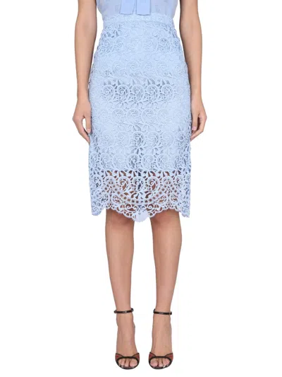 Burberry High Waist Lace Embroidered Midi Skirt In Blue
