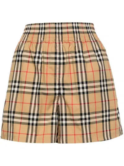 Burberry Checkered Twill Shorts With Elastic Waist And Side Split Hem In Tan