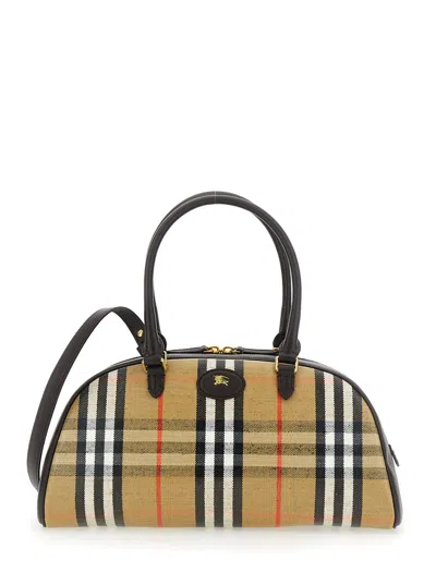 Burberry 'highland' Beige Handbag With Ekd Patch On The Front And All-over Check Motif In Cotton Ble