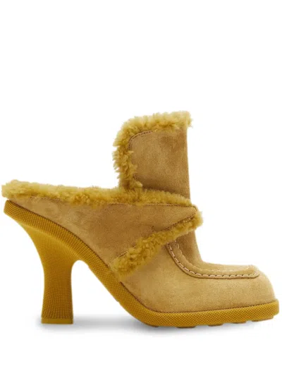 BURBERRY HIGHLAND SHEARLING-TRIM SUEDE MULES